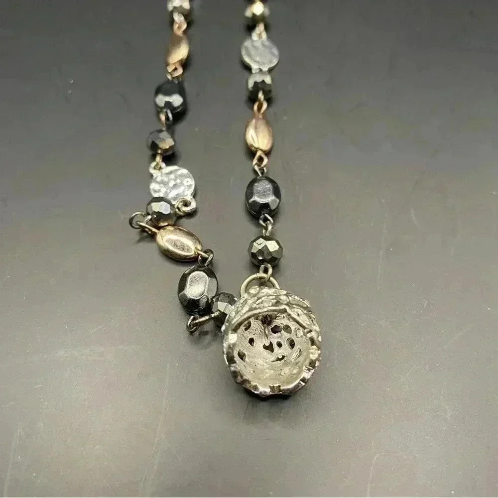 VGT Gold & Silver Black & Crystal Tones Beaded Necklace Silver-tone Bell Pendant - Picture 7 of 11